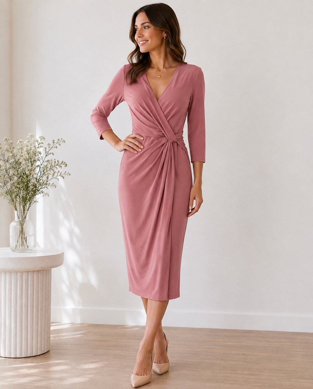 Anne Klein Dusty Rose Twist Front Faux Wrap Midi Dress Size 4